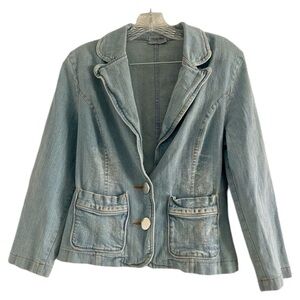 OXYGENE Women’s Light Blue Pockets 2 Button Tapered Fitted Jean Jacket-Size 1/2‎